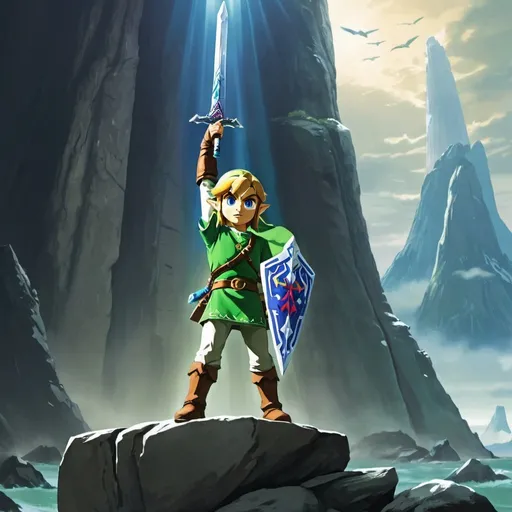 Prompt: Link holding aloft the master sword, Gannon slain at his feet, in front of Spectacle Rock 