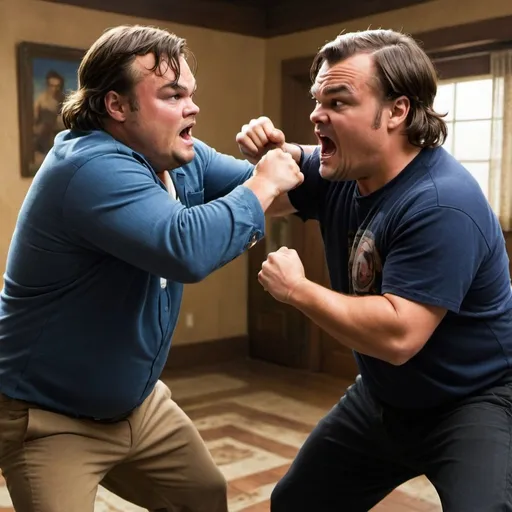 Prompt: Leonardo DeCaprio and Jack Black getting into a fight
