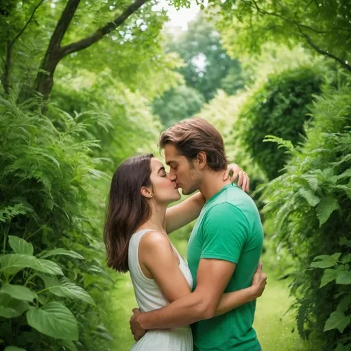 Prompt: A cute couple hugging and smooching in a very verdant scene
