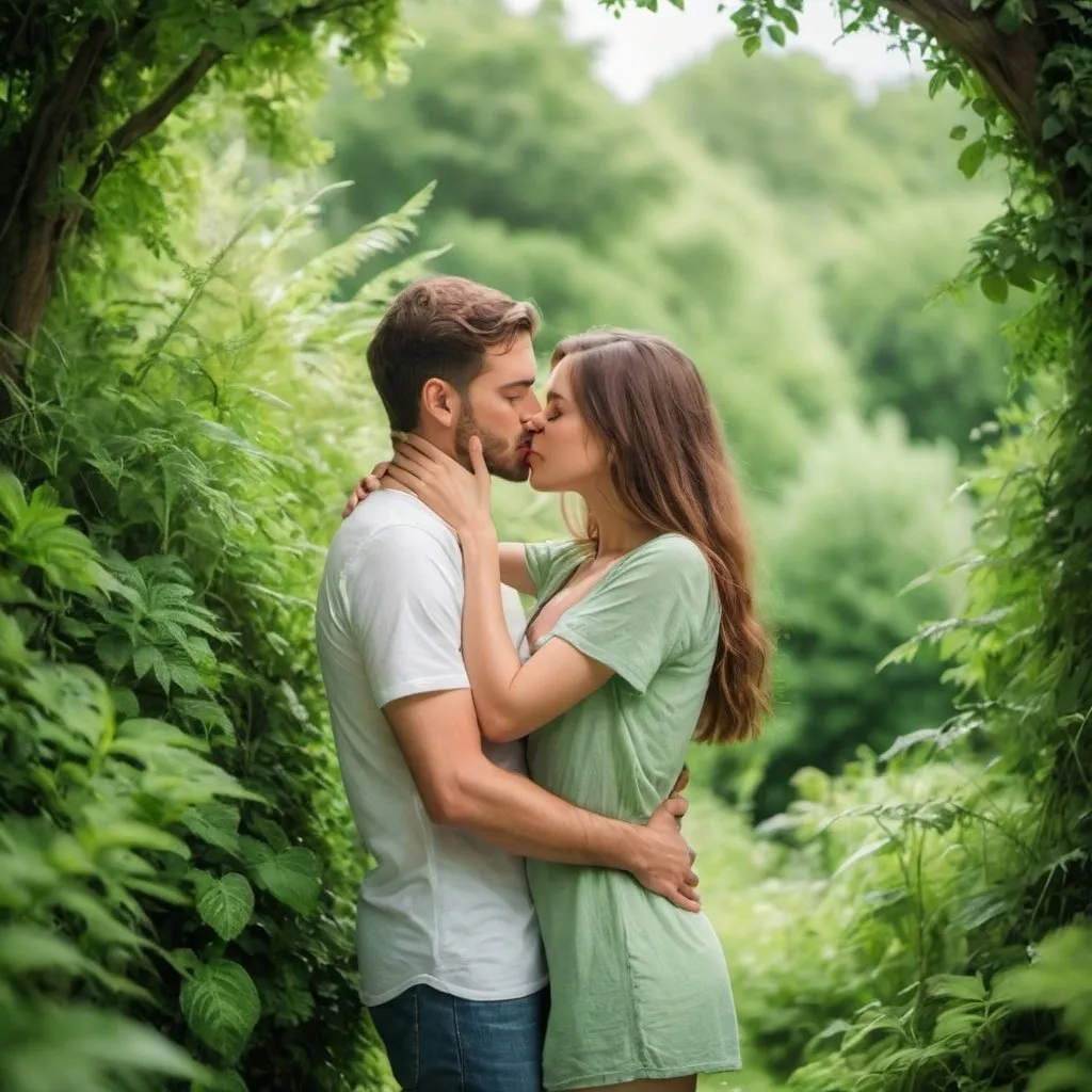 Prompt: A cute couple hugging and smooching in a very verdant scene
