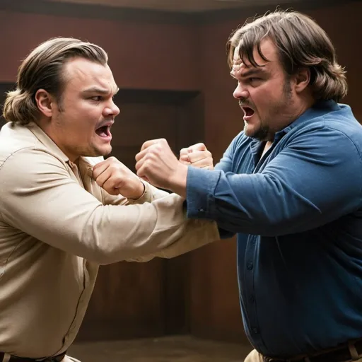 Prompt: Leonardo DeCaprio and Jack Black getting into a fight
