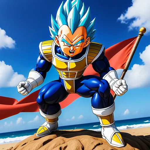 Prompt: Make vegeta stranding with hord flag in super sain Blu and m in the head