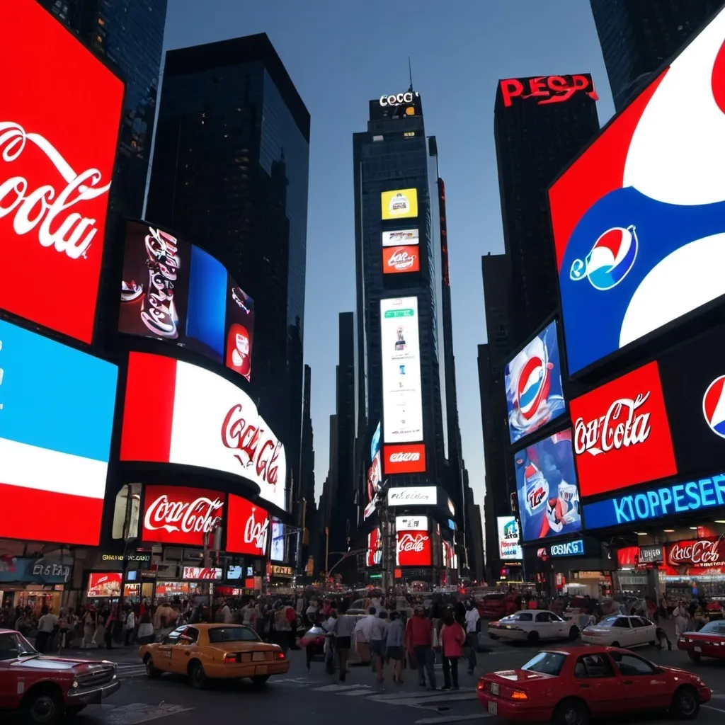 Prompt: Time square with coca cola and pepsi advertisements 