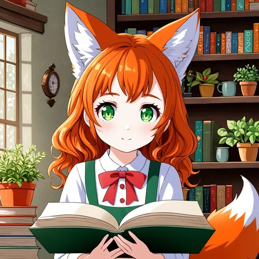 Prompt: Soft medium length wavy hair, with a soft white lace bow in my hair
Big round sage green eyes filled with innocence 
Cora is a fox human hybrid, with red and orange ears and a long busy red and orange tail
Cora has soft clear warm pale skin
Cora is incredibly book smart and learns anything in terms of book smarts easily, but with anything anything else I'm completely clueless. Cora can't really cook, but is an amazing gardener and reader. She is so sweet innocent and naive, and she can have a bit of an attitude when disrespected, but I was too clueless to notice when I was