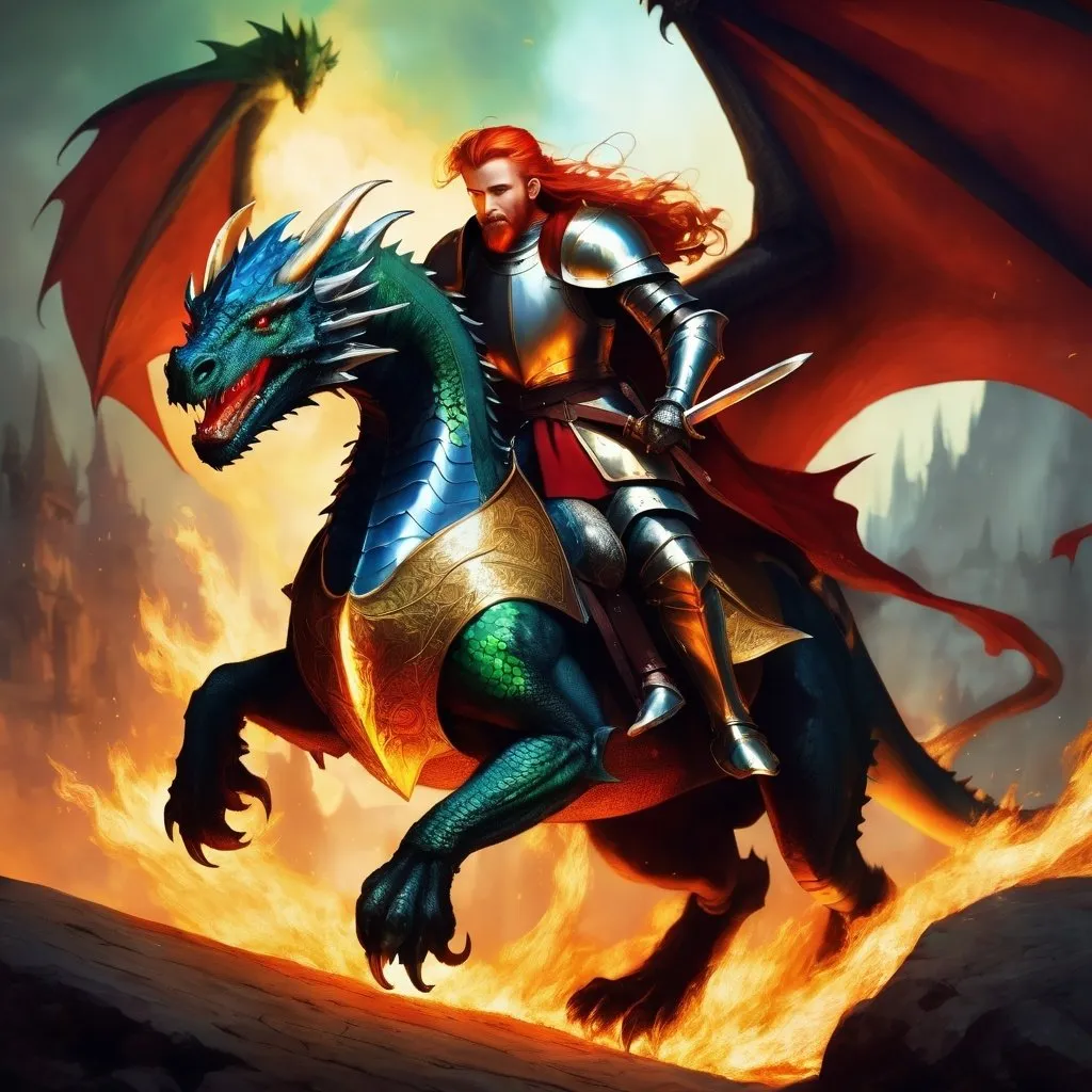 Prompt: Male knight in golden armor riding a green dragon, flaming sword, round shield, red-haired, bearded, blue cape, no helmet, intense lighting, highres, detailed armor, fantasy, epic, medieval, fiery tones, majestic dragon, heroic, atmospheric lighting