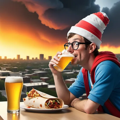 Prompt: Where's Waldo Drinking a beer and eating a burrito as the world is ending in the background