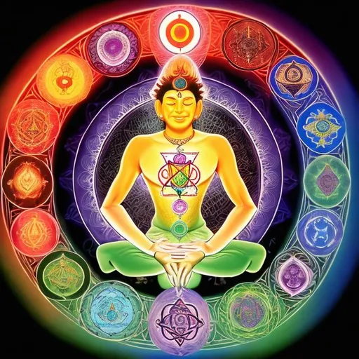 Prompt: The seven chakras, shamanic practitioner
