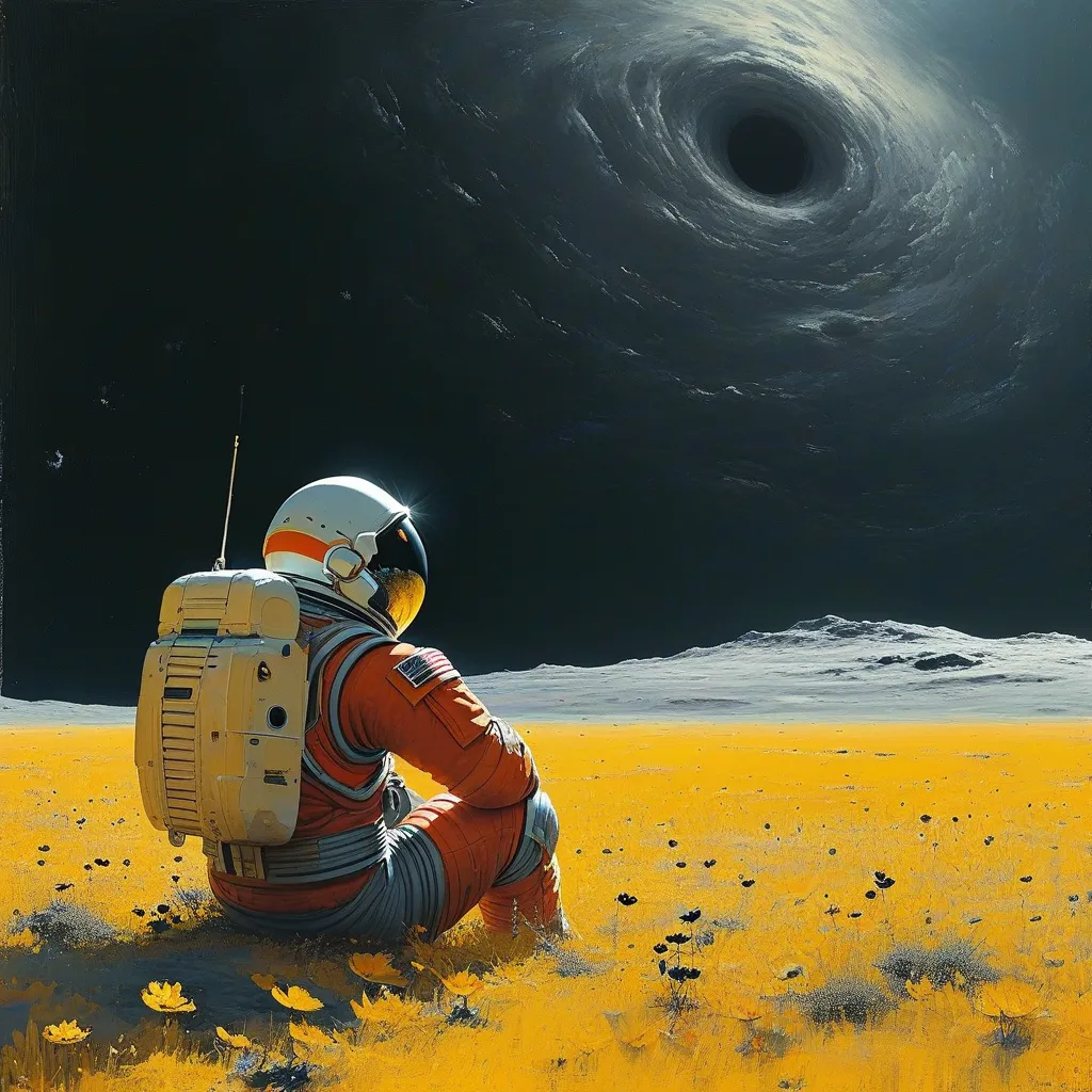 Prompt: an astronaut sits and waiting in a vast yellow tone open field, filled with black flowers, the astronaut is looking up at the sky at a blackhole in the distance 