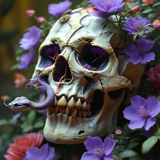 Prompt: a skull with damage marks and filled with purple and red flowers. there is a snake coming from the mouth of the skull
