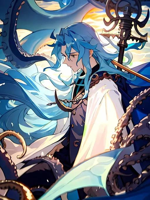 Prompt: Long messy light blue hair, grown-up male, in the sea, kraken and leviathan swimming at the background, holding a trident, dark blue emperor's cape, black shirt, dark blue pants