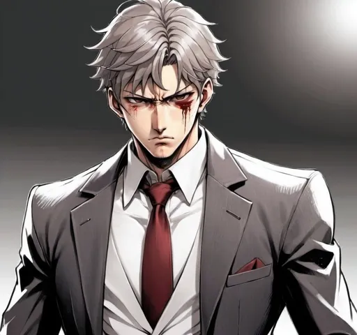 Prompt: a normal person work in a mafia in japan and hes has normal potentials and work doesnt know much about fighting with a skinny body wearing a formal suit draw it as manga

and hes about to die in a fight and a very strong man is fighting the whole mafia and the normal person is about to get shot 
