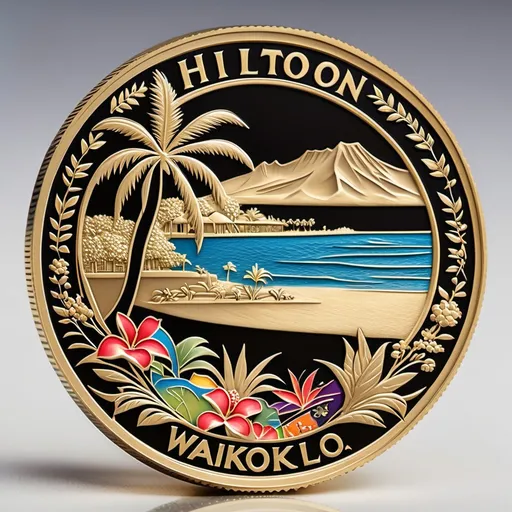 Prompt: (accurately spelled text "HILTON WAIKOLOA VILLAGE"), two-sided commemorative coin, (Hawaii theme), detailed engravings of tropical elements, vibrant colors, gold and bronze finish, historical design, intricate floral patterns, elegant typography, high-quality craftsmanship, 4K ultra-detailed, reflecting the beauty of Hawaii, on one side symbolizing Hilton Waikoloa Village, the other portraying "NUTRIRE TUERE CREARE".
include tropical fish
CORRECTLY SPELL HILTON
TROPICAL FISH THEME