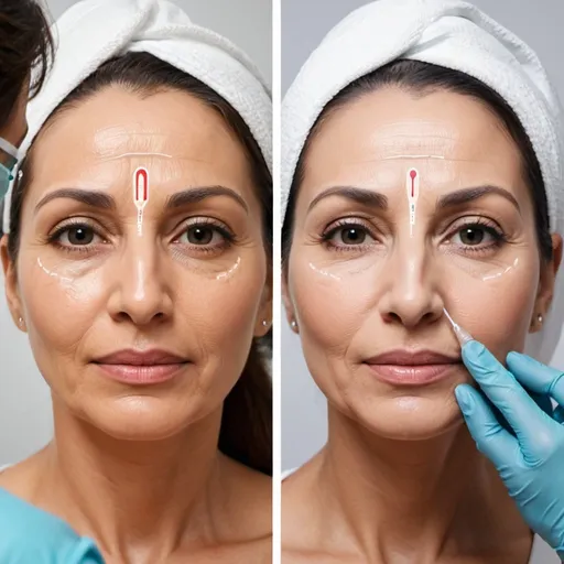 Prompt: Dermatologist injecting filler for face of Arabic lady wrinkles both before treatment and after treatment effects side by side