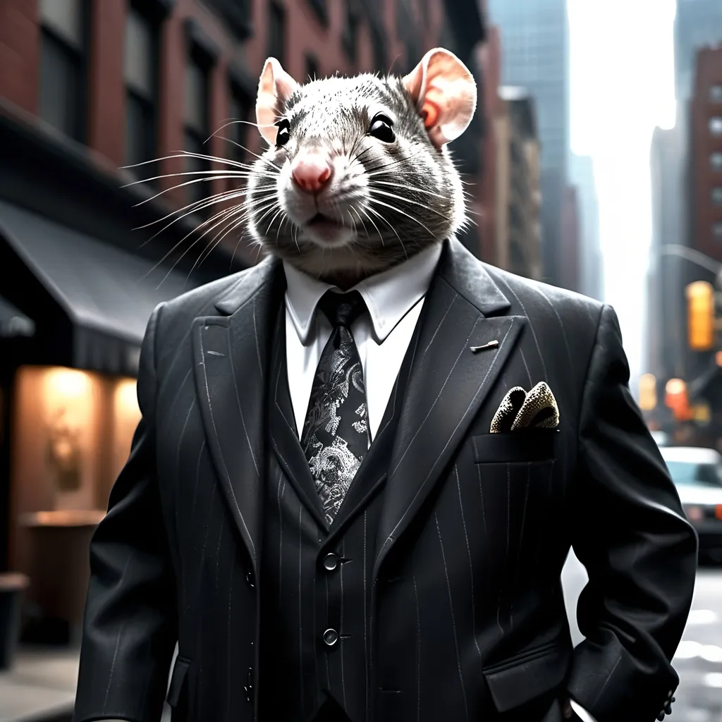 Prompt: Grey rat dressed as a New York mafia mobster, tailored black suit, reminiscent of Tony Soprano, detailed fur and whiskers, city street backdrop, cinematic quality, realistic, mafia style, cool tones, dramatic lighting, intense expression, professional illustration