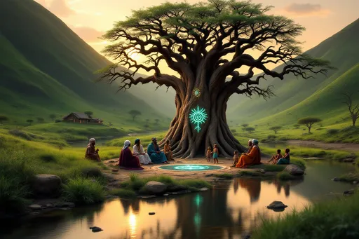 Prompt: A mystical African village nestled between lush green hills and a crystal-clear river, bathed in the warm light of a setting sun. At the center stands an enormous, ancient baobab tree with thick, twisted roots and intricate symbols glowing faintly on its bark. The air is filled with mystery, as a group of elders sits around the tree, their faces wise and weathered, dressed in traditional colorful robes and headwraps. Children play nearby, and villagers go about their daily tasks, wearing vibrant African fabrics in shades of red, yellow, and blue. The atmosphere is serene yet tinged with a hidden tension, as if the village holds an unspoken secret.