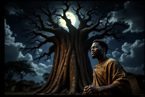 Prompt: At night, a young African man stands in front of an enormous ancient baobab tree, his face illuminated by the moonlight. His expression is heavy with guilt and sadness as he gazes at the carved symbols on the bark. His tunic, torn and dusty, flutters slightly in the wind. His hands are clenched into fists, as if struggling with memories of the past. The village is silent behind him, the houses dark, but the tree seems to radiate an eerie presence, as if it remembers the tragedy that drove him away years ago. The night air is thick with tension, and Demba knows that his return has awakened something in the village.