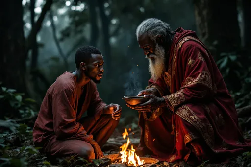 Prompt: A young African man kneels before an old marabout in a dark forest, illuminated only by a ritual fire. Demba’s face is tense, his hands clenched into fists, his deep brown eyes filled with a mixture of fear and desperation. He wears a dusty red tunic, his posture stiff with hesitation. The marabout, draped in a long red and gold robe covered in mystical symbols, leans forward slightly, his eyes gleaming with ancient knowledge. His weathered hands hold a small wooden bowl filled with dark liquid, offering it to Demba as part of the ritual. The fire crackles between them, casting eerie shadows on the surrounding trees.