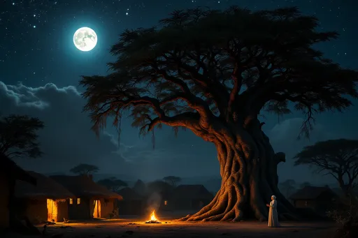 Prompt: As night falls over the African village, the ancient baobab tree stands tall under the moonlight, its carved symbols faintly glowing. The village is quiet, with only the flickering light of small fires illuminating the mud-brick houses. The elders have left the tree, but their whispers seem to linger in the air. In the distance, the silhouette of an old woman stands at the doorway of her home, her hands clasped in silent prayer. The sky is deep indigo, speckled with stars, and a gentle wind rustles the leaves of the sacred tree. The night is peaceful, but the presence of the baobab suggests that secrets remain hidden in its roots
