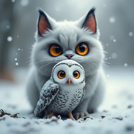 Prompt: A light gray cat with black ears and orange eyes with a snowy owl in it's mouth