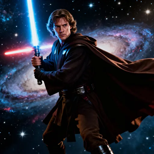 Prompt: Ritratto in stile Star Wars di un Jedi (o Sith) con spada laser accesa, indossa un mantello fluttuante e ha un’espressione determinata. Sfondo con atmosfera galattica, luce drammatica, contrasti forti tra luce e ombra, stile cinematografico ultra-realistico, ispirato ai film di Star Wars.