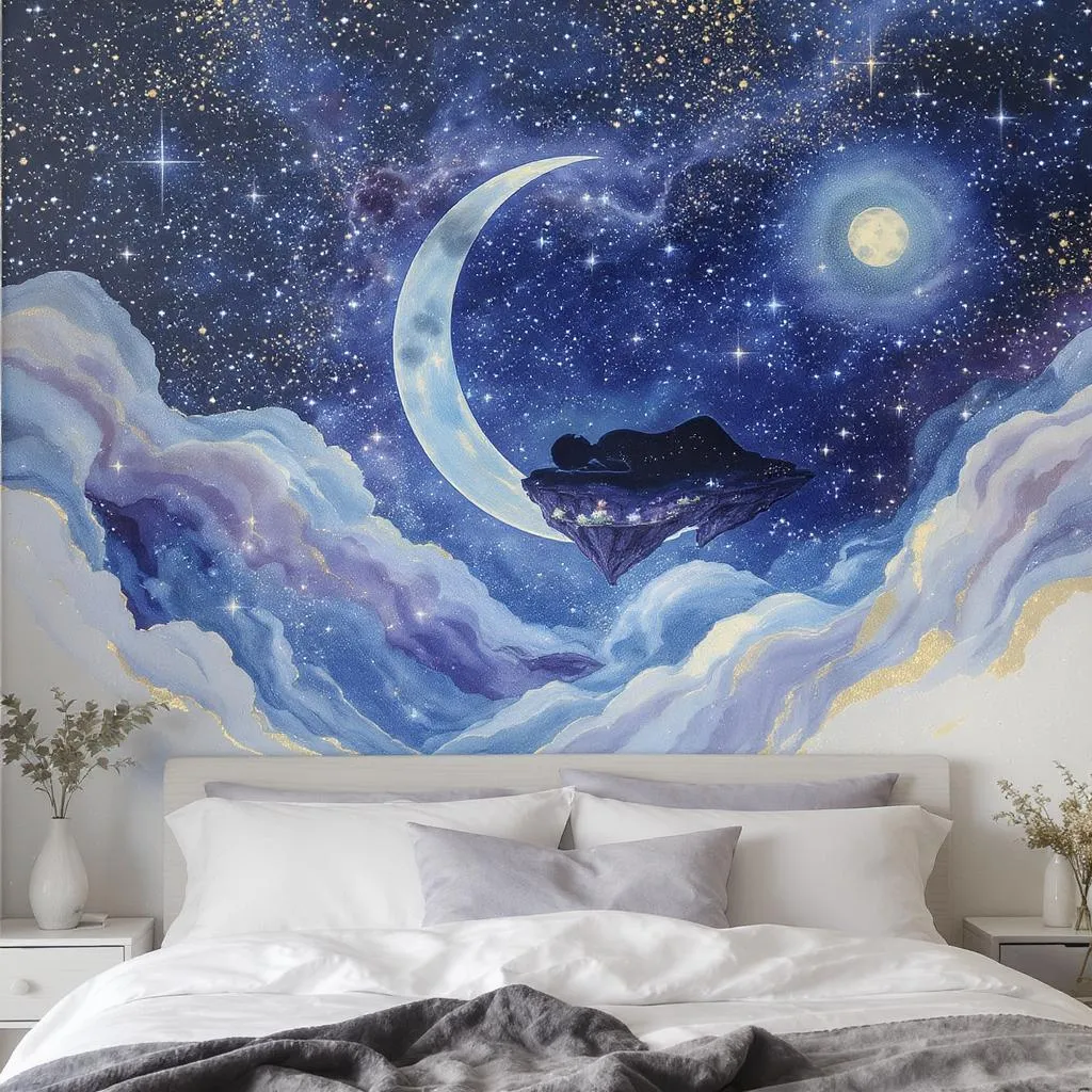 Prompt: A serene bedroom wall painting featuring a cosmic night sky with soft nebula blues, lavenders, and gold accents. Include floating islands with tiny glowing gardens, a crescent moon, and a minimalist silhouette of a sleeping figure blending into the stars. Ethereal brushstrokes, watercolor textures, and subtle metallic shine, in the style of Van Gogh's 'Starry Night' meets modern boho decor. Warm, dreamy, and tranquil.
