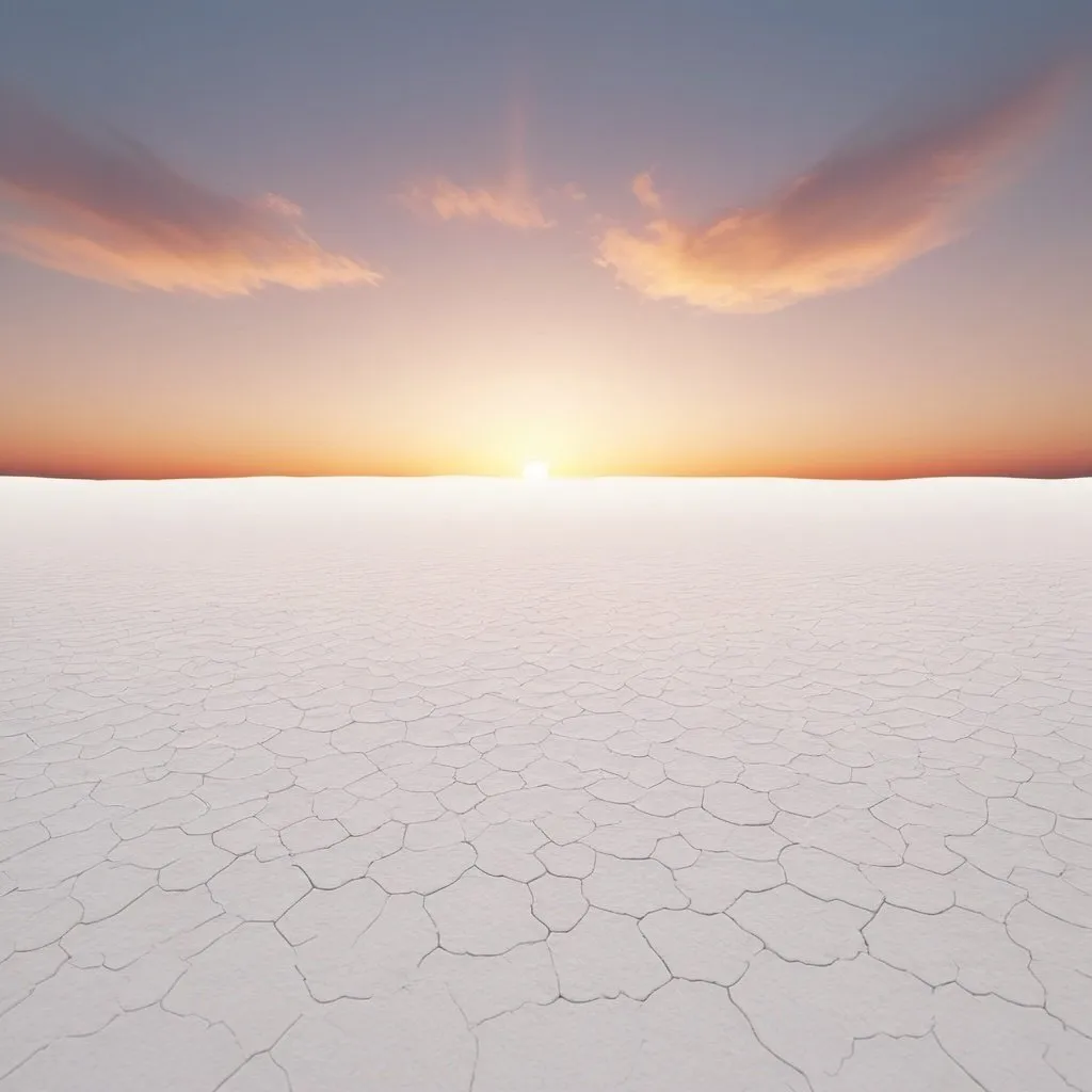 Prompt: White ground with sunset in sky and flat surface