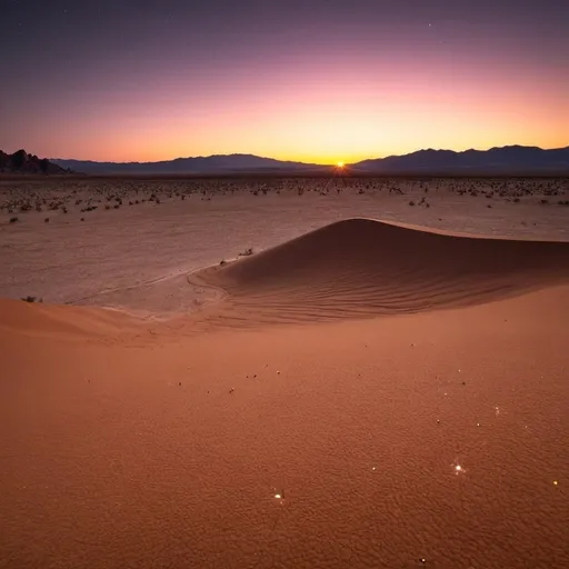 Prompt: Sunset on the dessert with visible stars