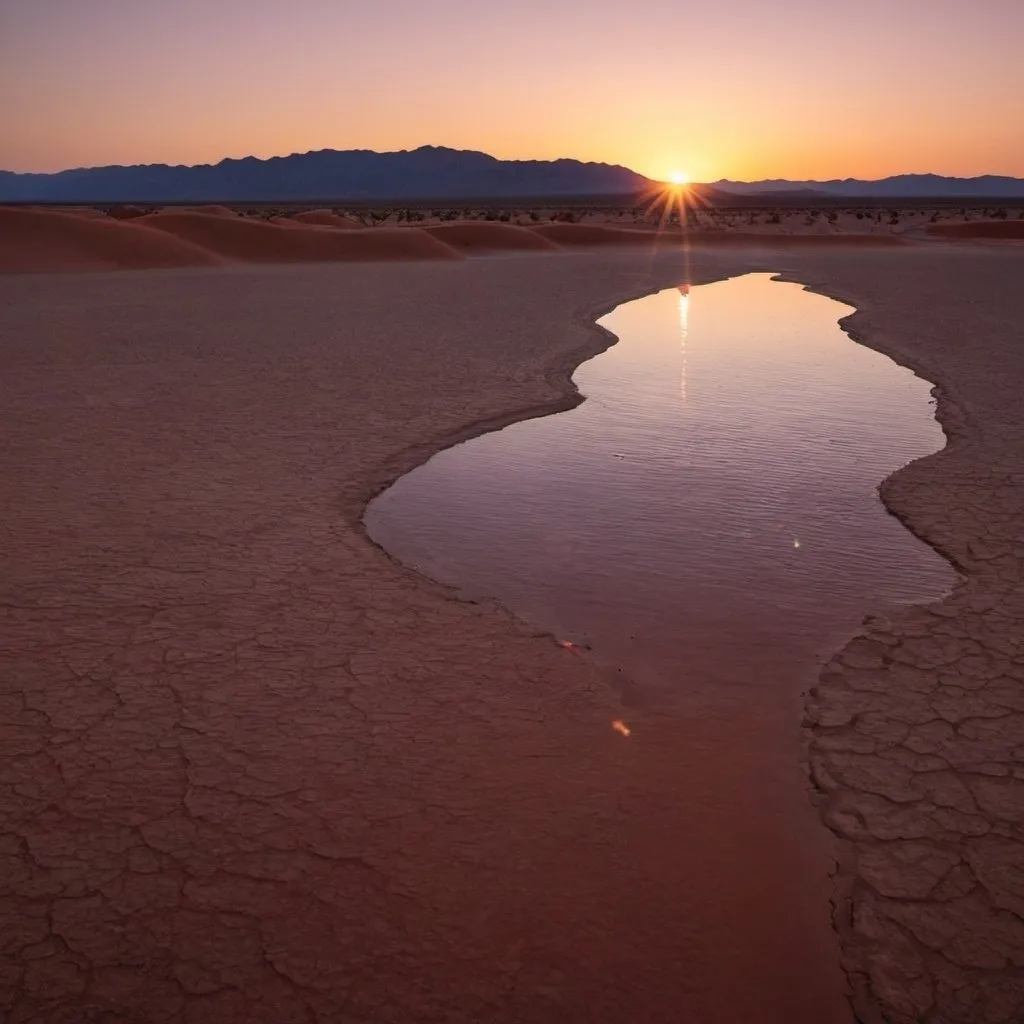 Prompt: Sunset on the dessert with visible stars and body of water