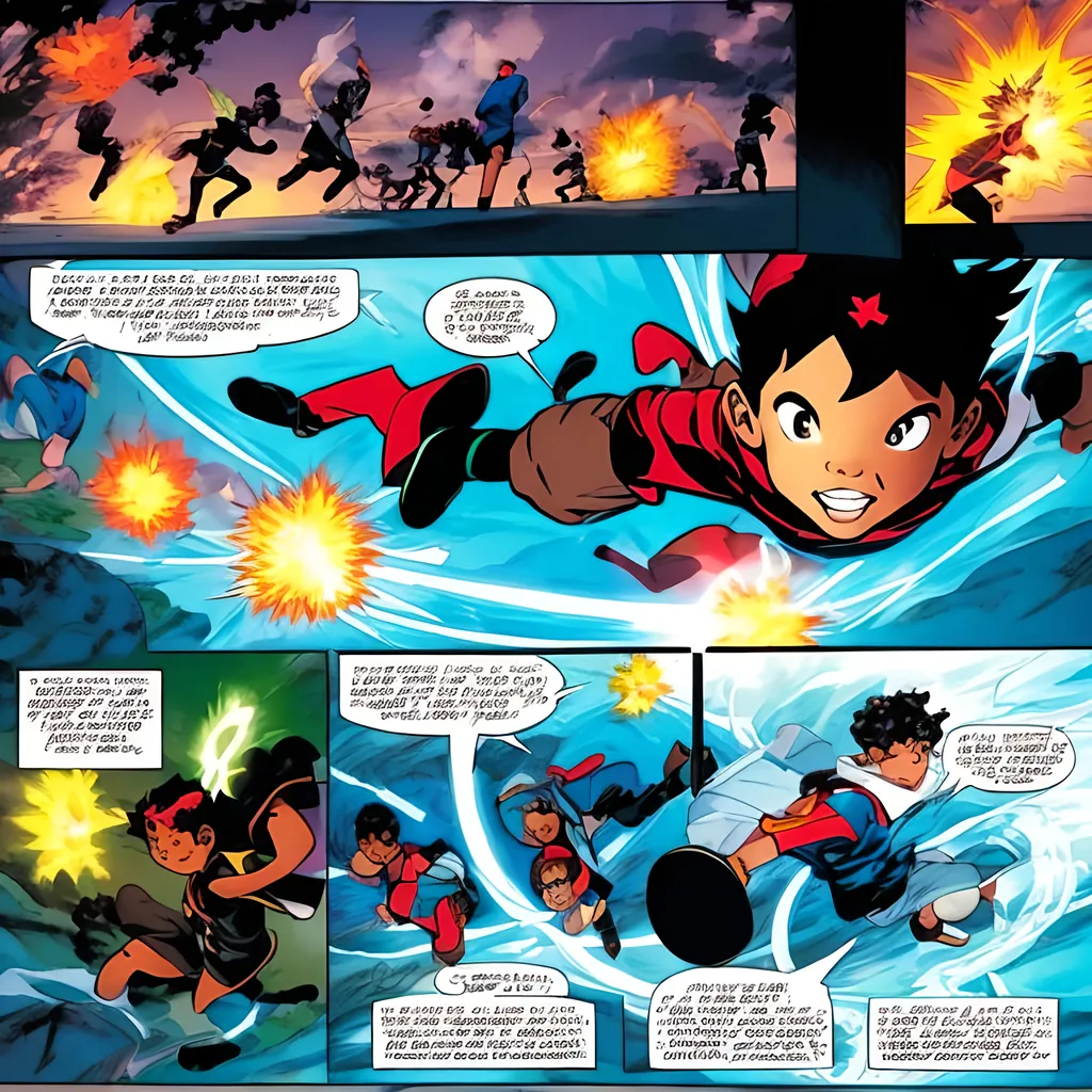 Prompt: comic book panels, black kids learning how to use their 
powers of Fire, Water, flight, telekinesis. at school
