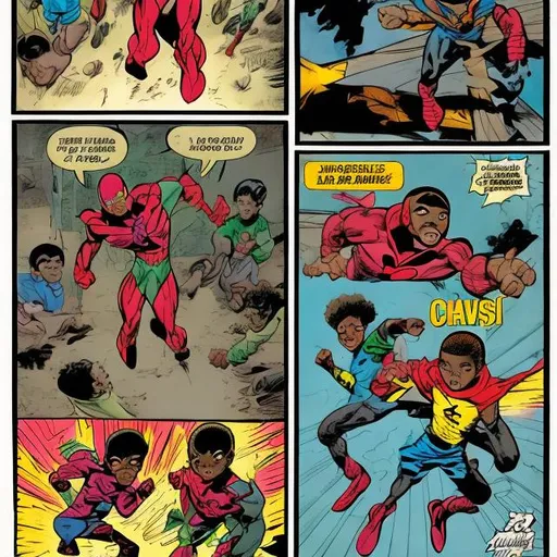 Prompt: comic book panels, black kids learning how to use their 
powers 