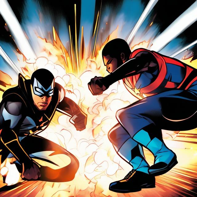 Prompt: Comic book panel art, two black brothers with super powers fighting each other. 