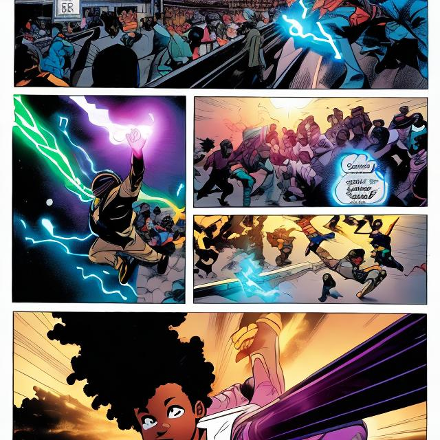 Prompt: comic book panels, black kid with dread locs displaying powers of flight and telekinesis in front of crowd
