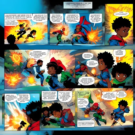 Prompt: comic book panels, black kids learning how to use their 
powers of Fire, Water, flight, telekinesis. at school
