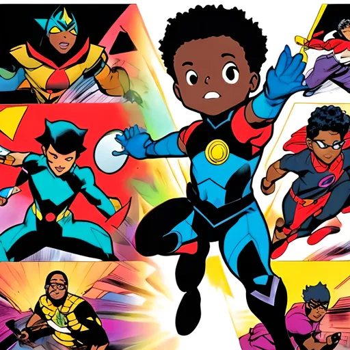 Prompt: comic book panels, black kids learning how to use their 
powers 