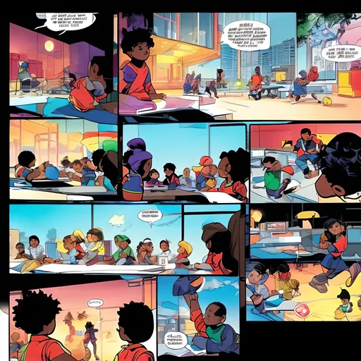 Prompt: comic book panels, black kids learning how to use their 
powers at a school in the future.