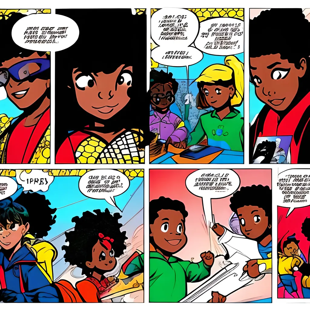 Prompt: comic book panels, black kids learning how to use their 
powers 