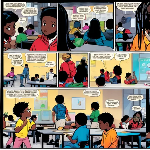 Prompt: comic book panels, black kids learning how to use their 
powers at a school in the future.