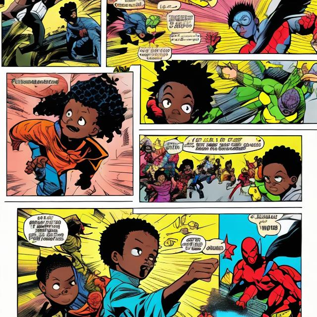 Prompt: comic book panels, black kids learning how to use their 
powers 