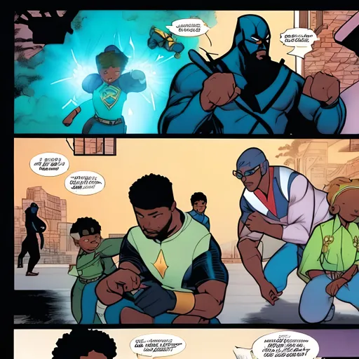 Prompt: comic book panels, black father teaching his kids how to use powers. 