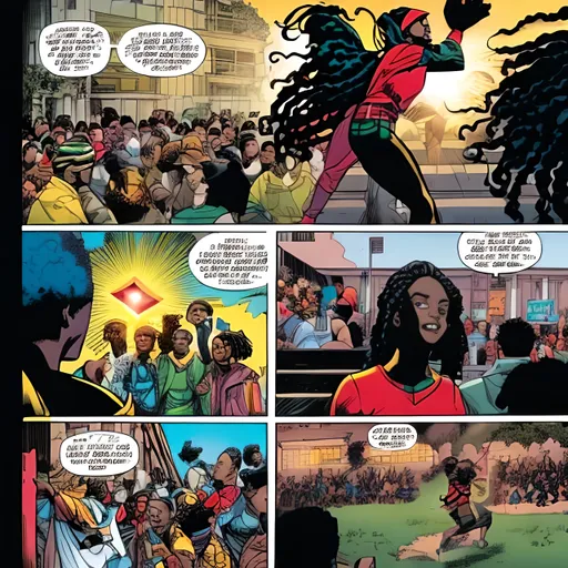 Prompt: comic book panels, black kid with dread locs displaying powers of flight and telekinesis in front of crowd
