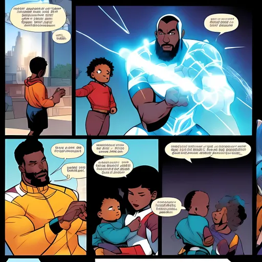 Prompt: comic book panels, black father teaching his kids how to use powers. 