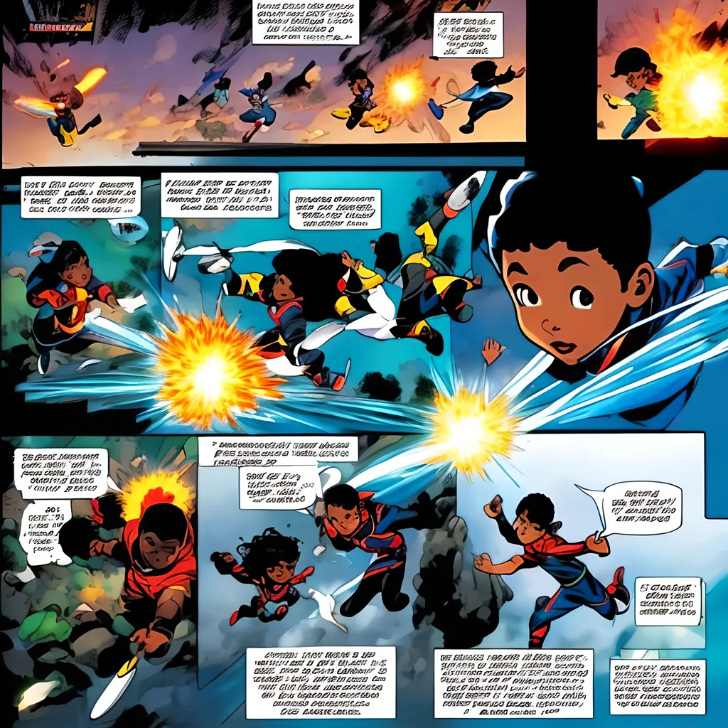 Prompt: comic book panels, black kids learning how to use their 
powers of Fire, Water, flight, telekinesis. at school
