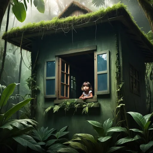 Prompt: a mysterious house in a jungle and a mysterious little girl  girl looking outside from the windowq