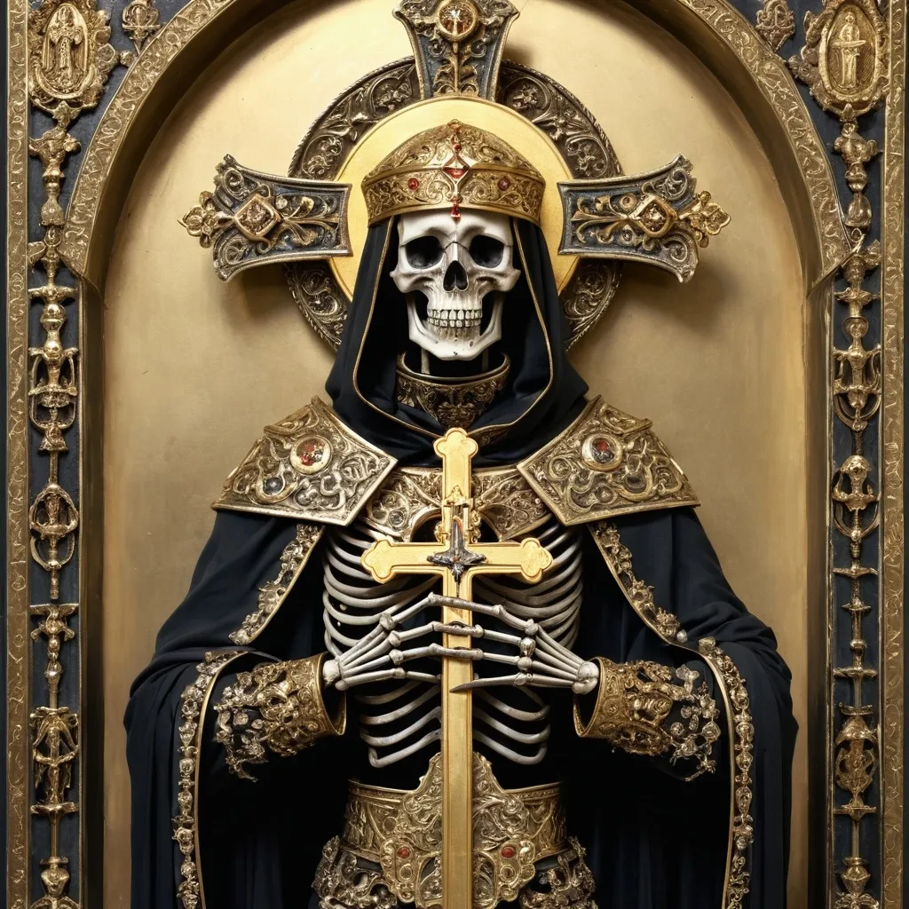 Prompt: Orthodox Iconography style ornate Skeleton, wearing armored Orthodox Christian robes, Carrying ornate jeweled Crucifix Cross , holding Golden sword, Sauron,