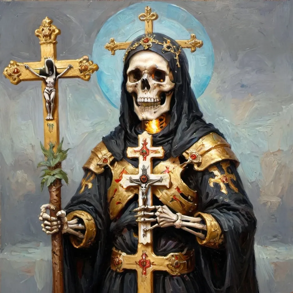 Prompt: Orthodox Iconography style Skeleton wearing armored Orthodox Christian robes, Carrying ornate jeweled Crucifix Cross , holding Golden sword, Sauron,