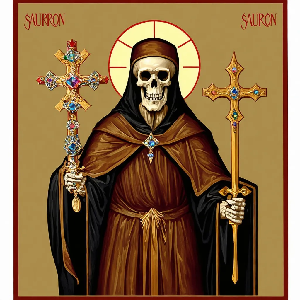 Prompt: Orthodox Iconography style Skeleton wearing armored Orthodox Christian robes, Carrying ornate jeweled Crucifix Cross , holding Golden sword, Sauron,