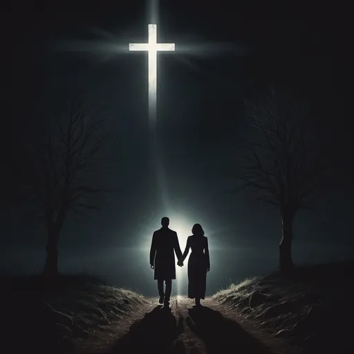 Prompt: Dark nature scene of a man and waoman couple walking hand in hand, illuminated by a cross-shaped light from the sky, high-quality, eerie, dark tones, mysterious, detailed silhouettes, atmospheric lighting, emotive, haunting, nature landscape, cross-shaped light, hand-in-hand, couple, mysterious setting, detailed shadows, professional, atmospheric lighting