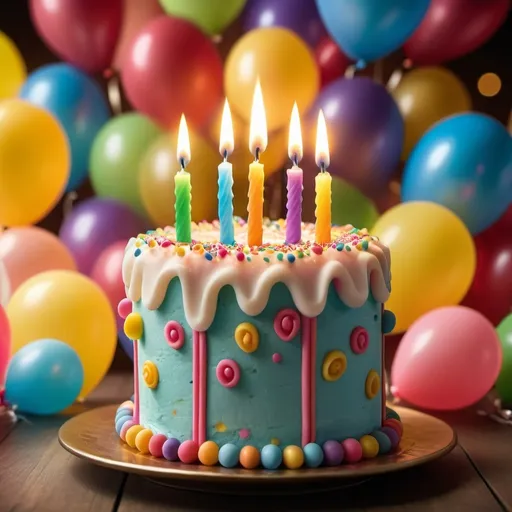 Prompt: (birthday cake candle), whimsical design, vibrant colors, cheerful atmosphere, heartwarming scene, detailed frosting, glowing candlelight, festive decorations, blurred background with party balloons, high depth cinematic masterpiece, ultra-detailed, soft warm lighting, inviting ambiance.