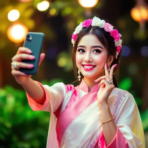 Prompt: In a vibrant outdoor setting illuminated by soft lighting, a young woman poses for a selfie, exuding confidence and joy. She wears a traditional outfit that combines bright pink and white, its fabric shimmering subtly in the light, and accessorizes with a striking floral hairpiece alongside elegant jewelry, including a statement ring and a delicate necklace. With a playful expression, she lightly touches her cheek with one hand while holding her smartphone in the other, creating an engaging and cheerful demeanor. The backdrop features blurred greenery, contributing to a lively, celebratory atmosphere that enhances the overall charm of the scene.