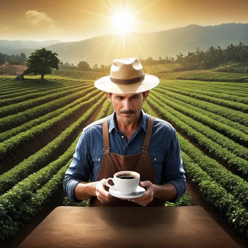 Prompt: manipulation poster, coffee, coffee fields, farmer, sunshine